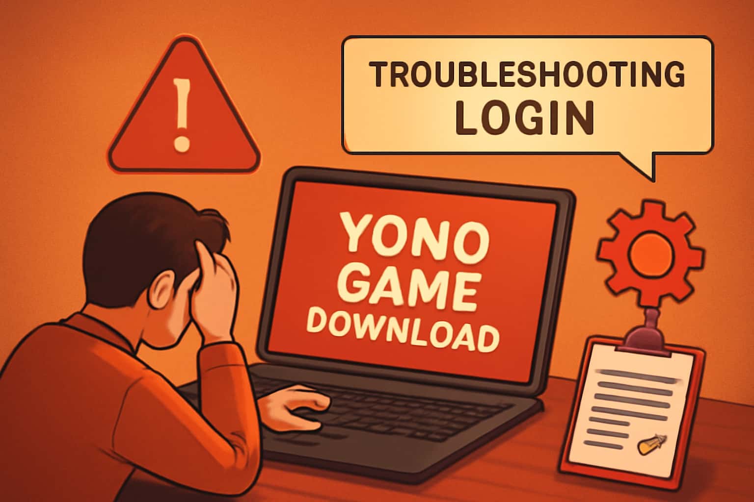An informational scene illustrating troubleshooting steps for Yono Game Download login issues.