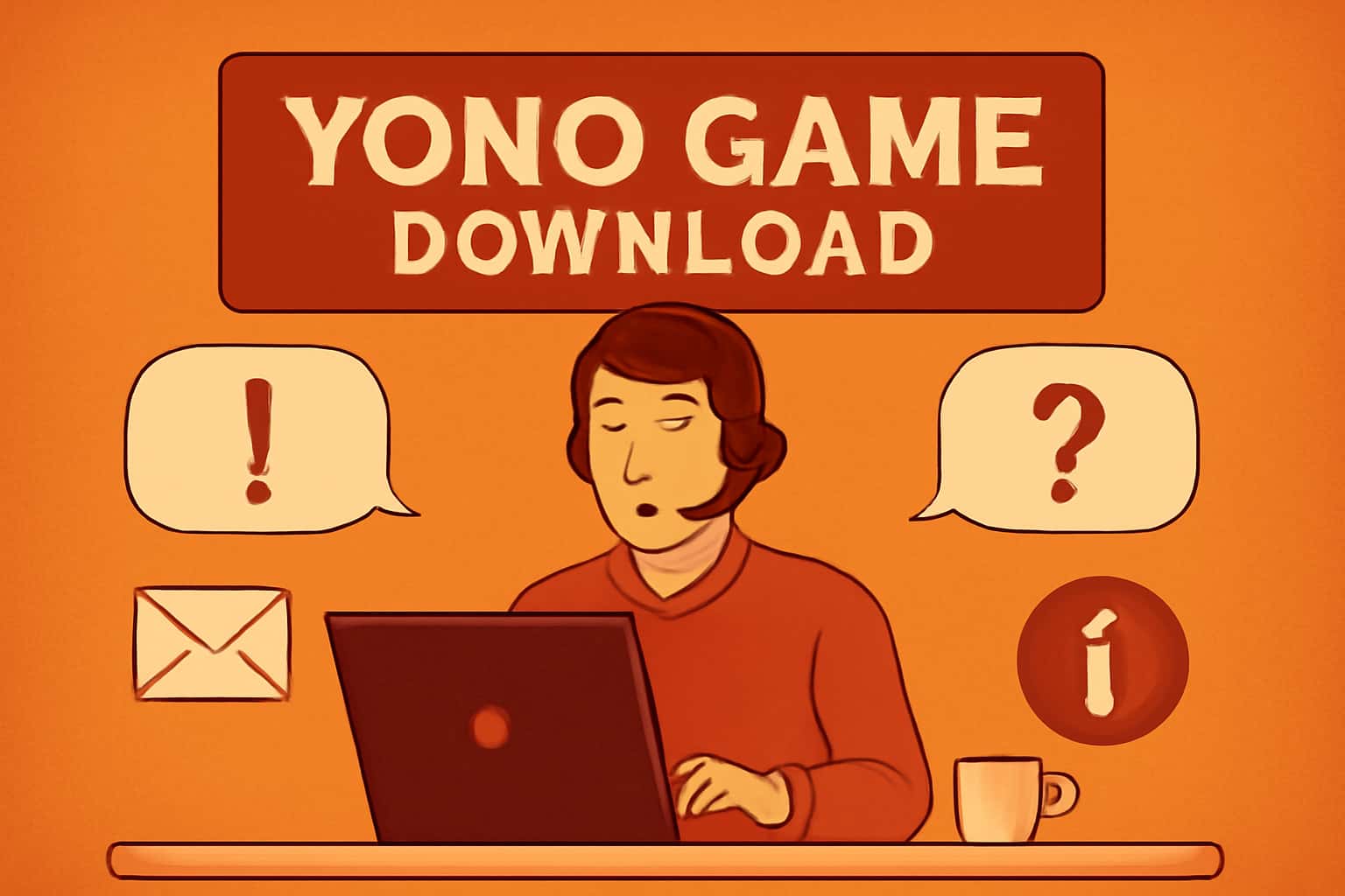 Informational scene illustrating support options for Yono Game Download.